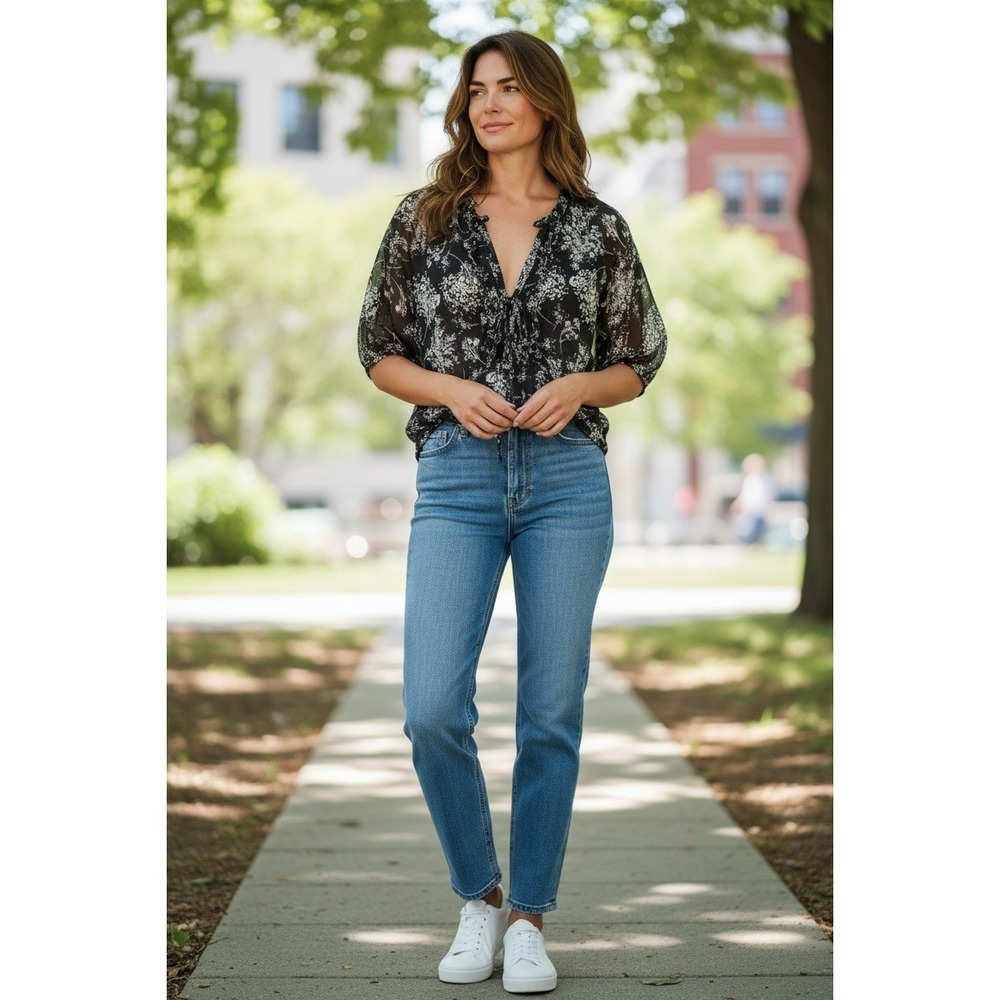 Banana Republic Womens Black White Floral Chiffon V-Neck Puff Sleeve Blouse M